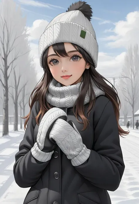 hat, 1girl, beanie, long hair, winter clothes, mittens, outdoors, gloves