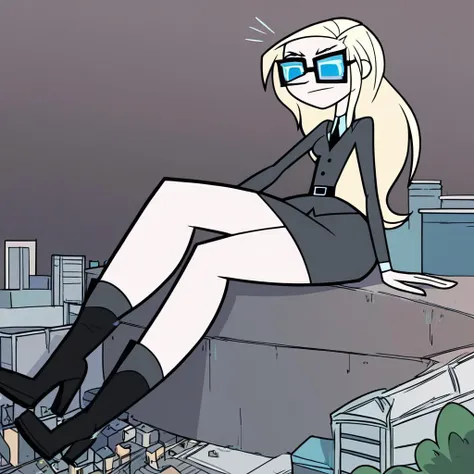 score_9, score_8_up, score_7_up, score_6_up, BREAK, 1girl, solo, <lora:candidesampsonV1:1>, candidesampson, light skin, black pupils, glasses, business suit, glasses, blue lens, blonde hair, pointy nose, boots, hyper hips, wide hips, sitting on city, city ...