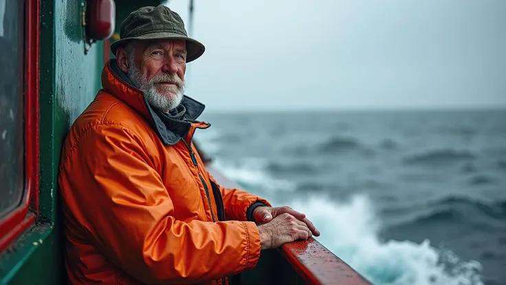 an old fisherman on a trawler during a storm