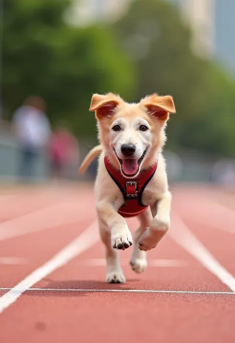 dr_mongrel, A dynamic action shot of a playful mongrel puppy, wearing a miniature athletic outfit, bounding energetically along a running track.