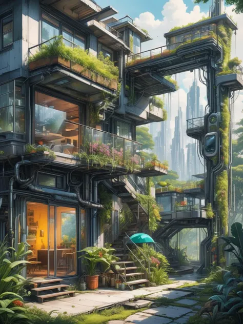 biomechanical cyberpunk style, modern suburban landscape, cutting-edge technology performing everyday tasks flawlessly, tranquil domestic setting, fusion of organic and machine aesthetics, cybernetics, family, utopian, organic meets artificial, android hou...