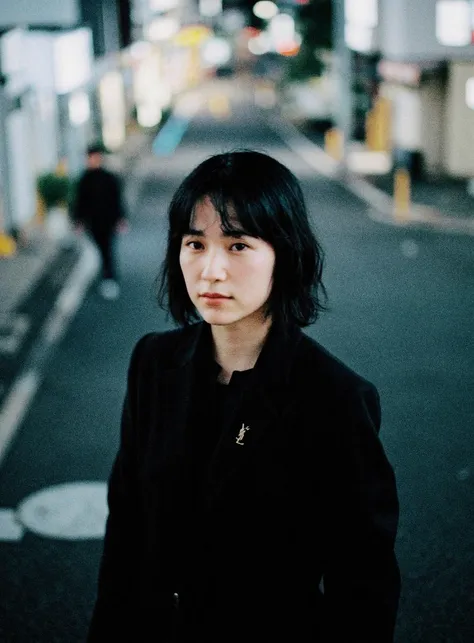 (A black and white photograph:1.1),shot from above,empty Tokyo city street late at night, an Asian woman walking through crowd, looking to viewer, short black hair, wearing a black YSL suit jacket, reflecting the cold, artificial light of the city. The atm...