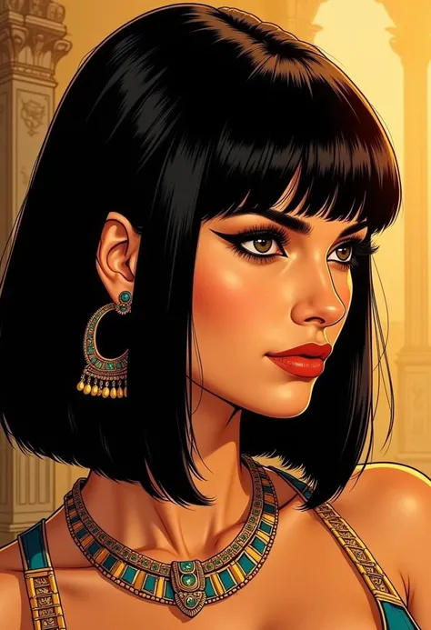 Stunning illustration of Cleopatra, straight-cut bob, black hair, bangs, ancient egyptian-style earrings and elaborate necklaces, egyptian eyeliner, red lips, side profile, lighting from one side, detailed eyes