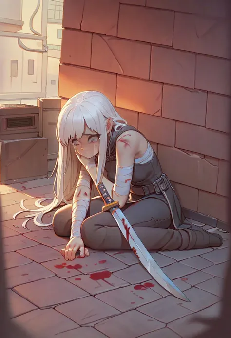 score_9, score_8_up, score_7_up, score_6_up, 1girl, long hair, white hair, sad, tears, on floor, sit, fetal position, injury, blood, bandages, torn clothes, alley, gray brick wall, sword on floor, broken sword