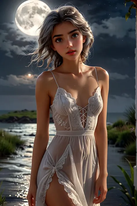 moor, dark night, young slim woman, heavy fog envelops the woman, semi-permeable white dress, water, pretty face, beautifull face, perfect body, mystery scene, full moon, full body, photorealistic, hyperrealistic art, extremely high-resolution details, pho...