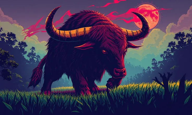 Glitchcore Art Style, retro game art pixel-art. In a medieval setting.
A towering, horned beast stalks the fields at night, its massive hooves crushing the crops beneath it. Its fur is matted with mud and blood, and its eyes burn with an otherworldly rage....