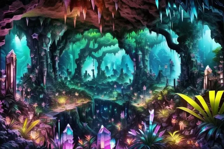 Hollow Earth, ((jungle, giant jungle, giant prehistoric jungle, tropical jungle, warm tropical jungle, forest, bushes, ferns, giant plants, palm trees, cycad trees, jungle trees, baobab trees, Madagascar trees)), (vast perfectly preserved Mesozoic jungle, ...