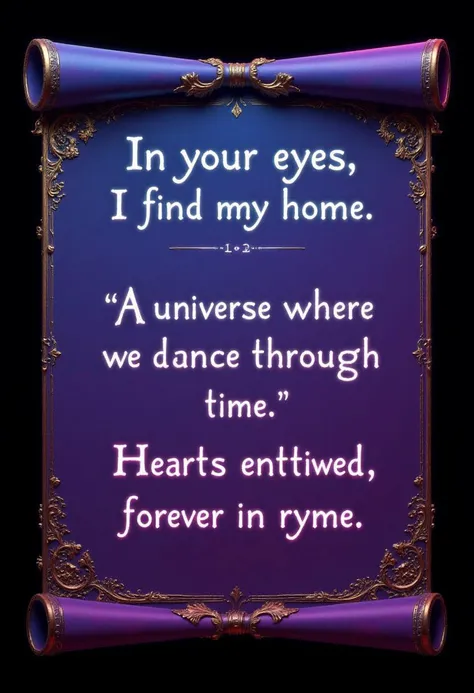 This stunning cinematic dramatic color style digital artwork features a black and purple and blue spectrum color scheme with a gold trim outlined parchment paper with text: " In your eyes, I find my home,
A universe where love can roam.
Together, we dance ...