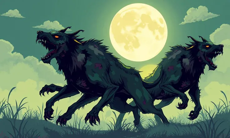 Glitchcore Art Style, retro game art pixel-art. In a medieval setting.
As the moon rises, a group of undead hounds emerges from the fog. Their fur is patchy, and their bodies reek of decay, but they move with unnatural speed, their jaws snapping at the air...