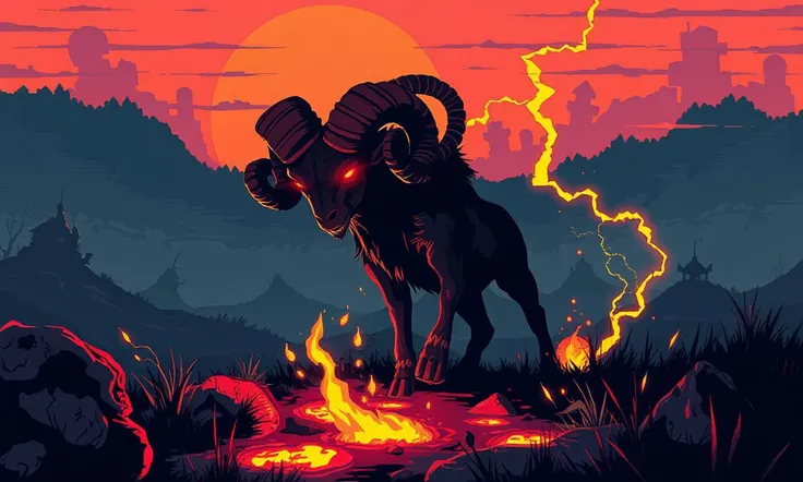 Glitchcore Art Style, retro game art pixel-art. In a medieval setting.
A strange, horned beast roams the hills at dusk, its fur black as night and its eyes glowing with a deep red light. The villagers call it the Shadow Ram, a creature of legend said to ap...