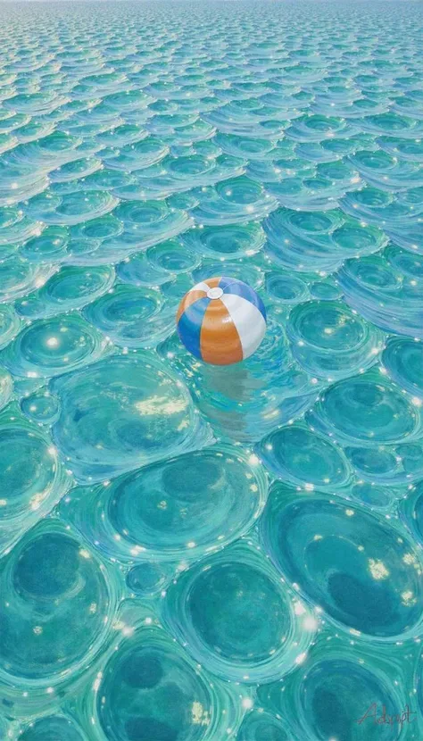 blurry, GLOW,low saturation,  An impeccably lit, hyperrealistic oil painting capturing a solitary beach ball adrift on an azure sea. The perspective is a meticulously composed normal shot, the waters surface dominating the frame with the horizon absent, em...