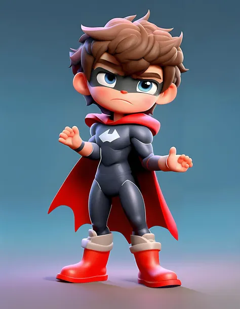 short hair, blue eyes, brown hair, 1boy, closed mouth, standing, full body, male focus, boots, chibi, cape, bodysuit, red footwe...