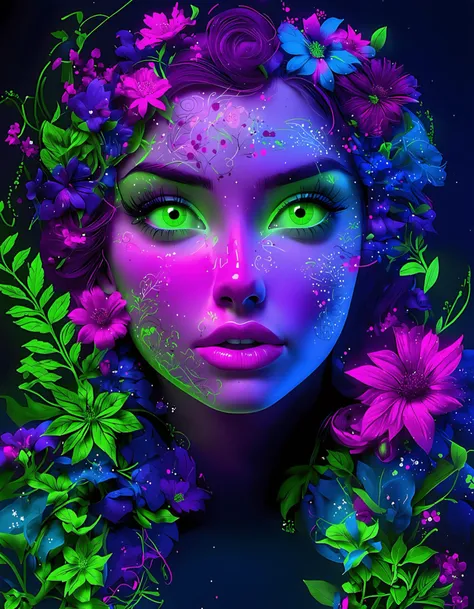 a vibrant and hyper-detailed portrait of a woman's face illuminated with neon light. her face is adorned with intricate, glowing...