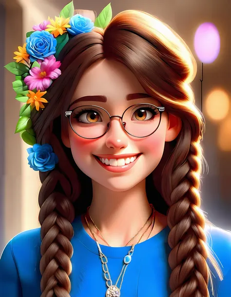 1girl, long hair, looking at viewer, smile, shirt, brown hair, hair ornament, jewelry, brown eyes, upper body, braid, flower, te...