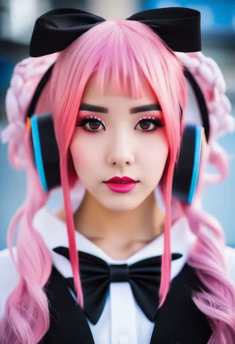 penguin girl, pink hair, bow, true hand, girl like penguin ((penguin cosplay)),