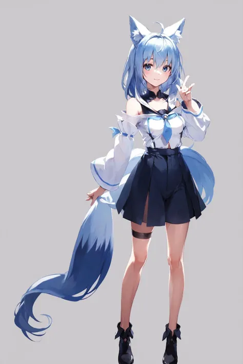 masterpiece, fbk-clothing, a girl with blue hair and fox ears, simple background, white background, full body, <lyco:FBKClothesV1-000007:0.8>