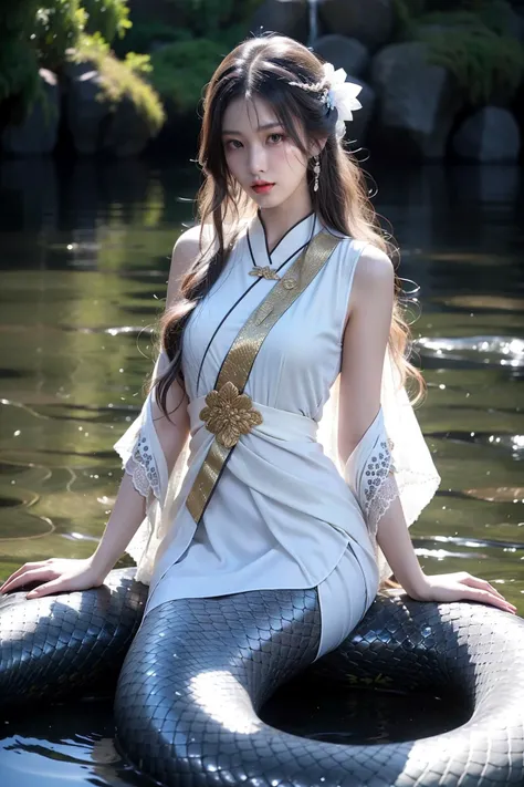 masterpiece,best quality,ultra-detailed,1girl,white hair,white clothes,md,(white1.2) snake,by the lake,<lora:5:0.6>,chinese clothing,