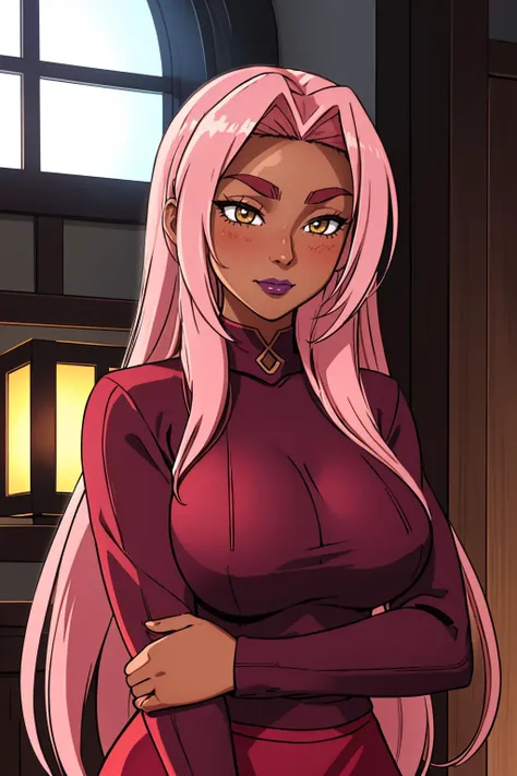 ultra detailed, sharp focus, best quality, masterpiece, colorful, high contrast, dynamic lighting, intricate details,  <lora:hkingrid-nvwls-v1:1> hkIngrid, dark skin, heavy blush, turtleneck sweater, red sweater, hair ribbon, long skirt, upper body shot, s...