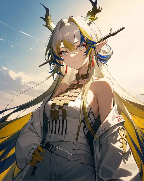 <lora:shu:0.7>,solo,1girl,long_hair,looking_at_viewer,pointy_ears,bare_shoulders,multicolored_hair,jewelry,horns,masterpiece,best quality,highres,absurdres,