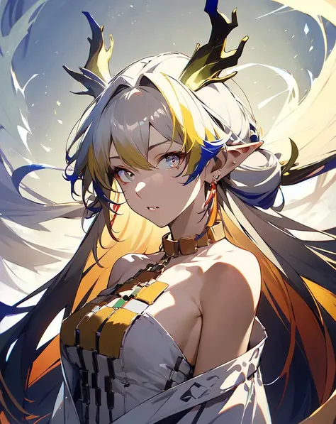 <lora:shu:0.7>,solo,1girl,long_hair,looking_at_viewer,pointy_ears,bare_shoulders,multicolored_hair,jewelry,horns,masterpiece,best quality,highres,absurdres,