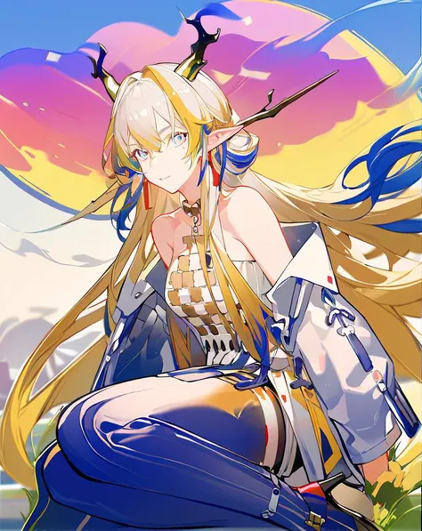 <lora:shu:0.7>,solo,1girl,long_hair,looking_at_viewer,pointy_ears,bare_shoulders,multicolored_hair,jewelry,horns,masterpiece,best quality,highres,absurdres,