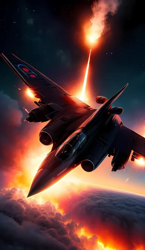 a close up of a jet flying through the air with a fireball in the background