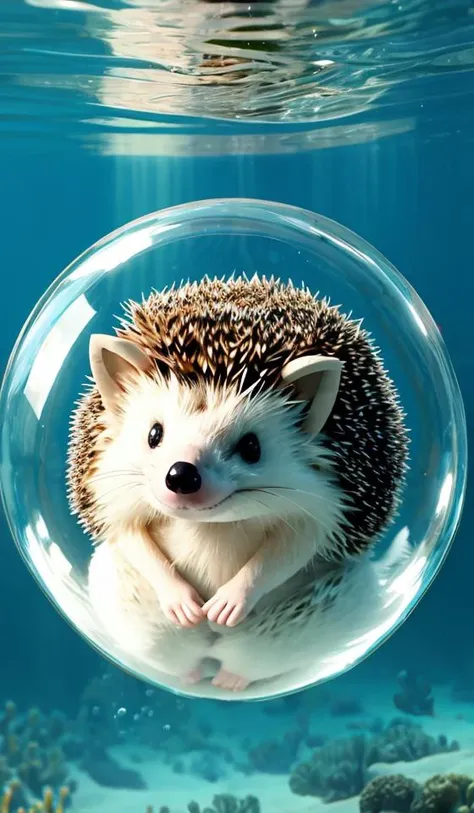 cute plush hedgehog, underwater, inside of a bubble