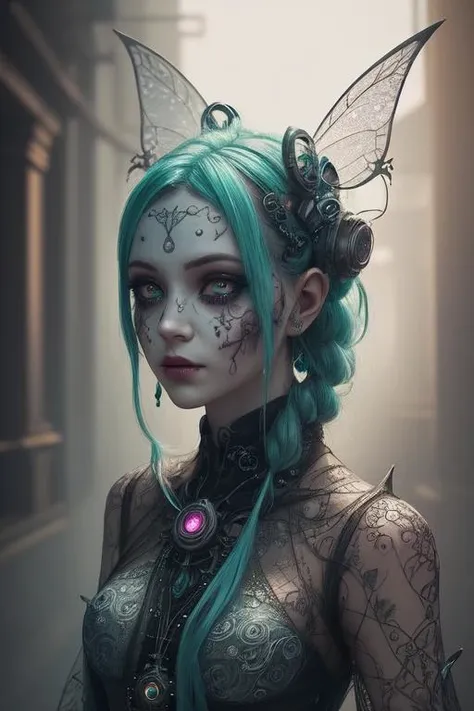 a woman with green hair and a black top with a butterfly on her head