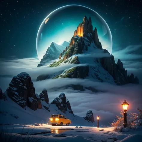 a van driving through a snowy mountain with a moon in the sky