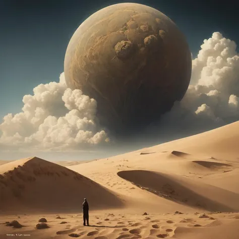 high detailed lone person looking to its dying planet on a progressive rock 70s 80s album cover style by Barry Godber, tool, gojira, realistic art, evangelion third impact inspired, Eliran Kantor, sand and desert environment, Eloy band, cinematic, unreal e...