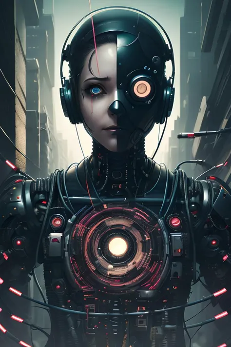 wires taking over, cyberpunk style, soft focus, Graphic novel, Grindhouse, , vignette, highly, dynamic angle, best quality, black suit, cyborg, cybernetics, detailed eyes, net runner, circuity, plug suit, corruption, face covered in electronics, infection,...