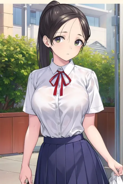 akaneyoshizawa, <lyco:akaneyoshizawa-lyco-nochekaiser:1>,
akane yoshizawa, black hair, ponytail, (green eyes:1.5), swept bangs, long hair,
BREAK skirt, shirt, ribbon, school uniform, white shirt, short sleeves, pleated skirt, shoes, socks, blue skirt, whit...