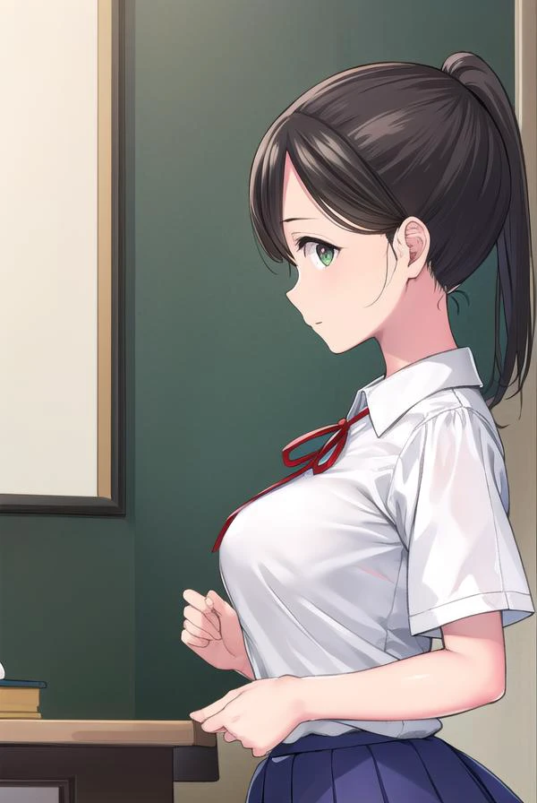 akaneyoshizawa, <lyco:akaneyoshizawa-lyco-nochekaiser:1>,
akane yoshizawa, black hair, ponytail, (green eyes:1.5), swept bangs, long hair,
BREAK skirt, shirt, ribbon, school uniform, white shirt, short sleeves, pleated skirt, shoes, socks, blue skirt, whit...