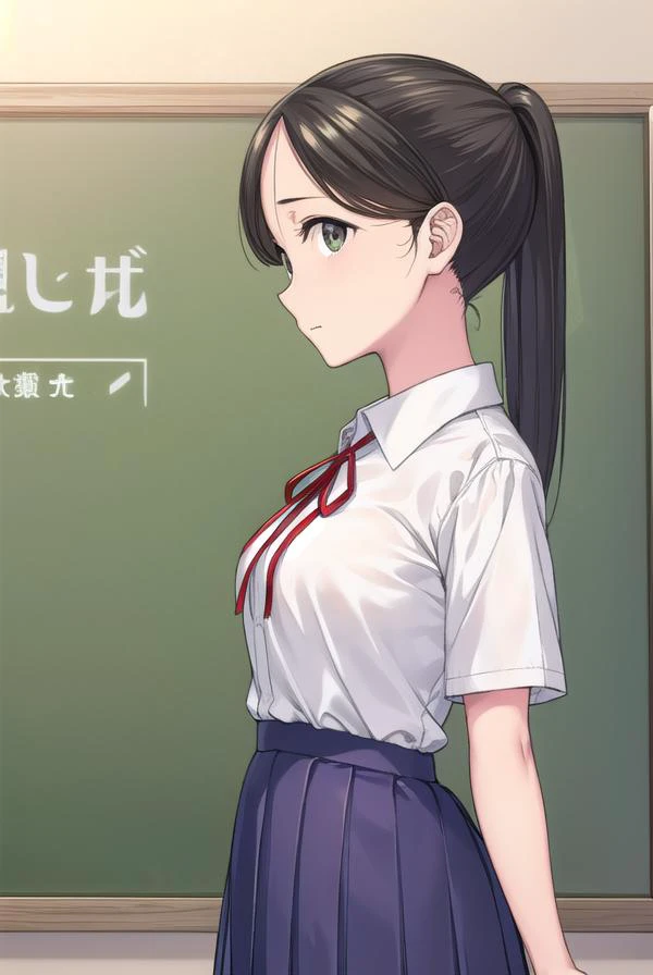 akaneyoshizawa, <lyco:akaneyoshizawa-lyco-nochekaiser:1>,
akane yoshizawa, black hair, ponytail, (green eyes:1.5), swept bangs, long hair,
BREAK skirt, shirt, ribbon, school uniform, white shirt, short sleeves, pleated skirt, shoes, socks, blue skirt, whit...