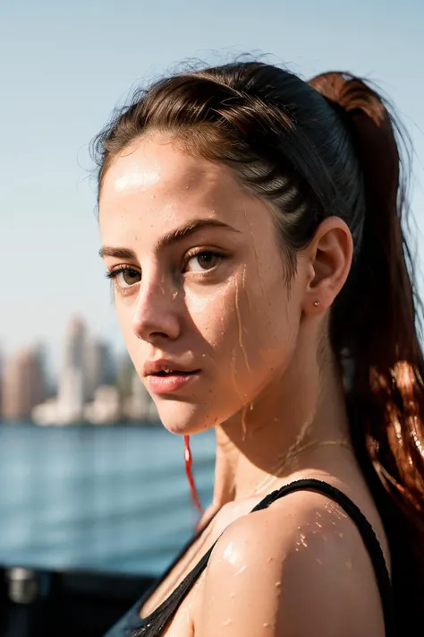 RAW, real photo portrait, kayaScod2, on a boat, (wearing a wet black t-shirt), pretty face, insanely detailed eyes, light blonde hair, high ponytail, bokeh, natural light, depth of field, golden hour, sharp focus