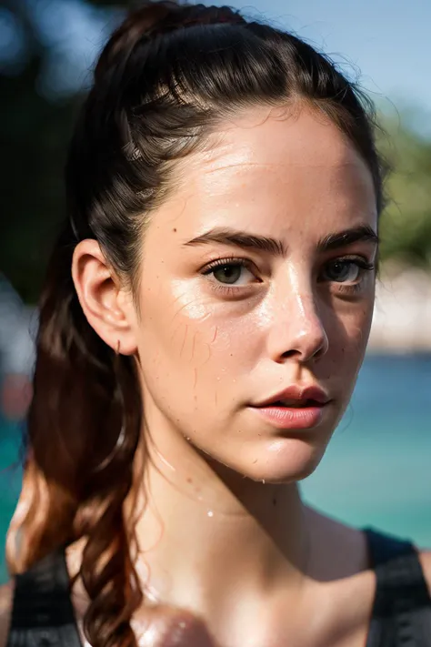 RAW, real photo portrait, kayaScod2, on a boat, (wearing a wet black t-shirt), pretty face, insanely detailed eyes, light blonde hair, high ponytail, bokeh, natural light, depth of field, golden hour, sharp focus