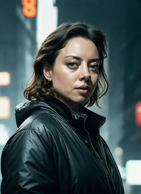 natural lighting, by Peter Lindbergh, (aubreyplaza-ti), detailed portrait vanpire neon operator ((sks woman)), cyberpunk futuristic neon, reflective puffy coat, decorated with traditional japanese ornaments by ismail inceoglu dragan bibin hans thoma greg r...