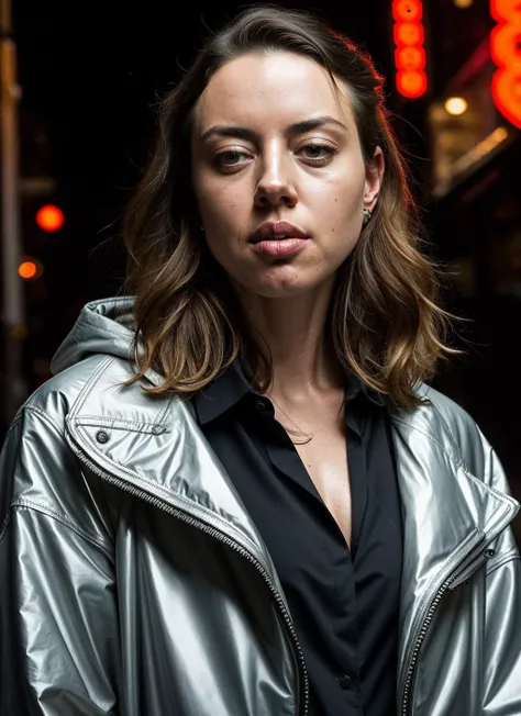 natural lighting, by Imogen Cunningham, (aubreyplaza-ti), detailed portrait vanpire neon operator ((sks woman)), cyberpunk futuristic neon, reflective puffy coat, decorated with traditional japanese ornaments by ismail inceoglu dragan bibin hans thoma greg...