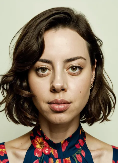 portrait of aubreyplaza-ti by Flora Borsi, style by Flora Borsi, bold, bright colours,  intricate haircut, ((Flora Borsi)), natural lighting, by Andreas Gursky