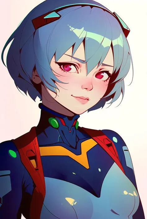 masterpiece portrait of smililng rei ayanami \(evangelion\), evangelion \(hideaki\), caustics, textile shading, high resolution ...