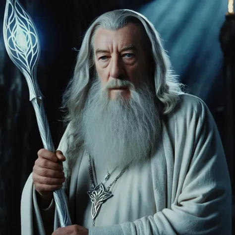 cinematic film still of  <lora:The Lord of the Rings style v2:1>
In a Fantasy Middle-earth world in the dark ages Gandalf Ian McKellen wizard a man with a long white beard holding a white magic staff,grey costume,white costume,solo,long hair,blue eyes,1boy...