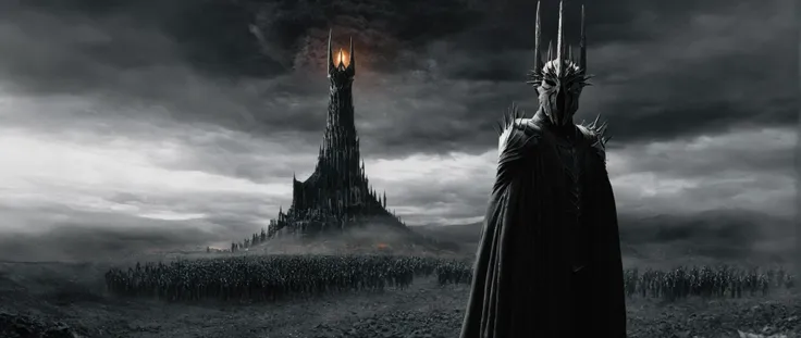 a man in a cloak and cape standing in front of a castle