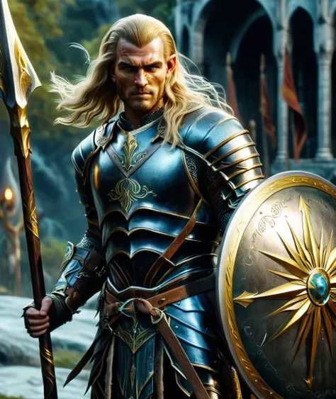 In a Fantasy Middle-earth world in the dark ages Carcharoth, a cinematic (full body shot:1.2) of a male elf warrior in shiny armor holding a (spear and a shield:1.1), gold ornaments and decorated armor, long blonde silk hair, elf town background, middle-ea...