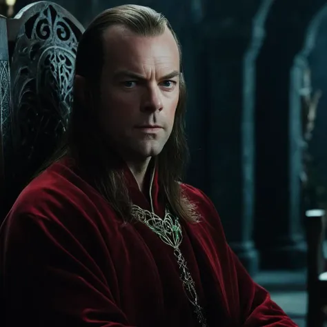 cinematic film still of  <lora:The Lord of the Rings style:1>
In a Fantasy Middle-earth world in the dark ages Elrond Hugo Weaving a man in a red robe sitting down,elf,solo,long hair,brown hair,1boy,closed mouth,green eyes,male focus,chair,portrait,realist...