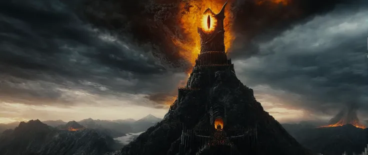 Horror-themed,  <lora:The Lord of the Rings style v2:0.8>
 <lora:The Lord of the Rings style:0.6>
 <lora:Chiaroscuro Lighting Style:0.4>
In a Fantasy Middle-earth world in the dark ages Eye of Sauron a fire eye is shown in the middle of a dark sky,Watchtow...