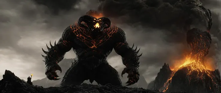 a demonic creature standing in front of a volcano with lava