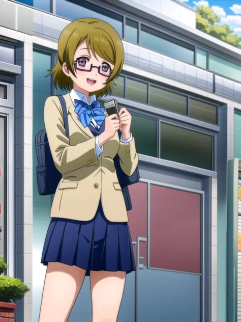 (((the-real-thing)))  (((outdoors, solo, forced-to-go-out-in-nature)))  <lora:hanayo-lovelive:1> hanayo koizumi, 1girl, solo, blush, jacket, open mouth, bow, looking at viewer, school uniform, otonokizaka school uniform, blazer, bowtie, glasses, semi-rimle...