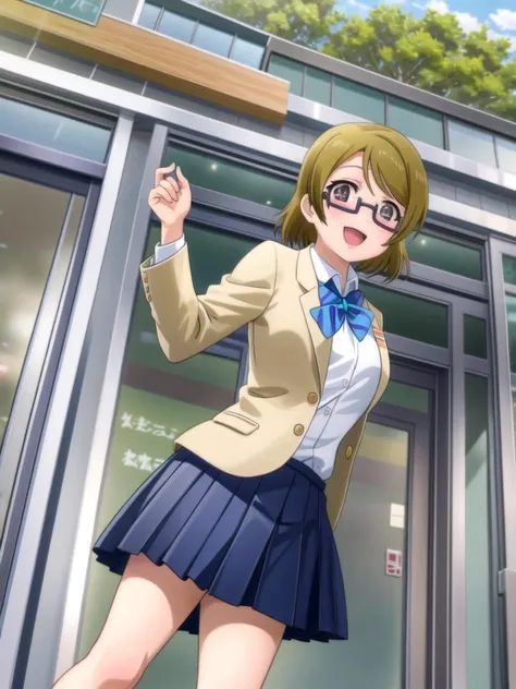 (((the-real-thing)))  (((outdoors, solo, nature)))  <lora:hanayo-lovelive:0.8> hanayo koizumi, 1girl, solo, blush, jacket, open mouth, bow, looking at viewer, school uniform, otonokizaka school uniform, blazer, bowtie, glasses, semi-rimless eyewear, under-...