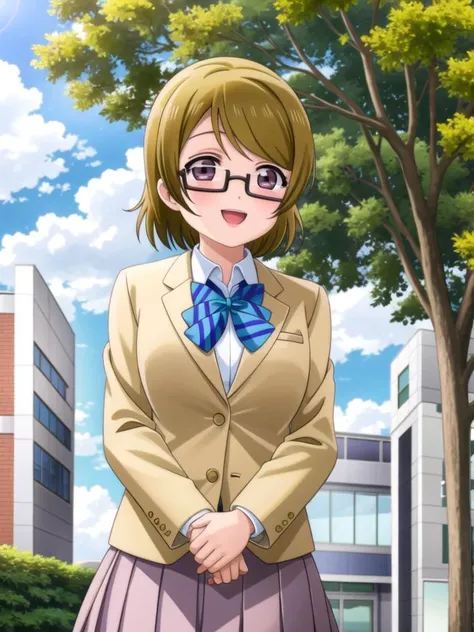 (((the-real-thing)))  (((outdoors, solo, nature)))  <lora:hanayo-lovelive:0.7> hanayo koizumi, 1girl, solo, blush, jacket, open mouth, bow, looking at viewer, school uniform, otonokizaka school uniform, blazer, bowtie, glasses, semi-rimless eyewear, under-...