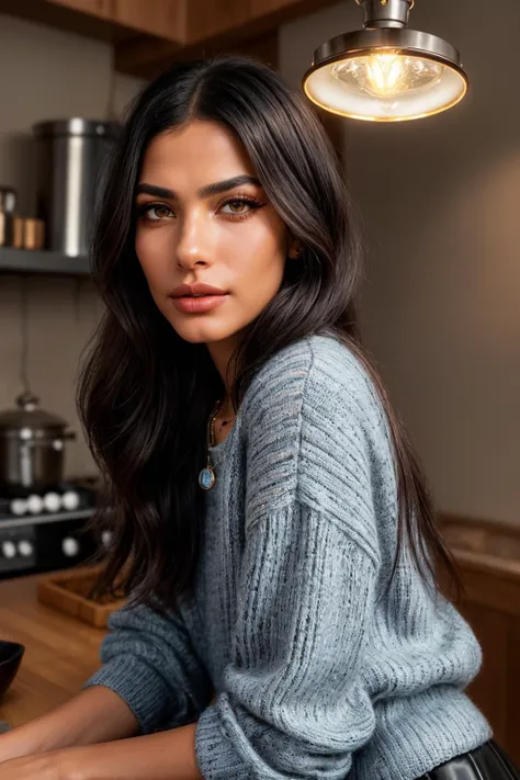 photo of (EPHud43lmuft1:0.99), closeup portrait, perfect hair, (modern photo, Striped collared shirt layered under a knit sweater, paired with a faux leather flared skirt and ankle boots.), 24mm, (analog, cinematic, film grain:1.3), ((celestial navigation ...